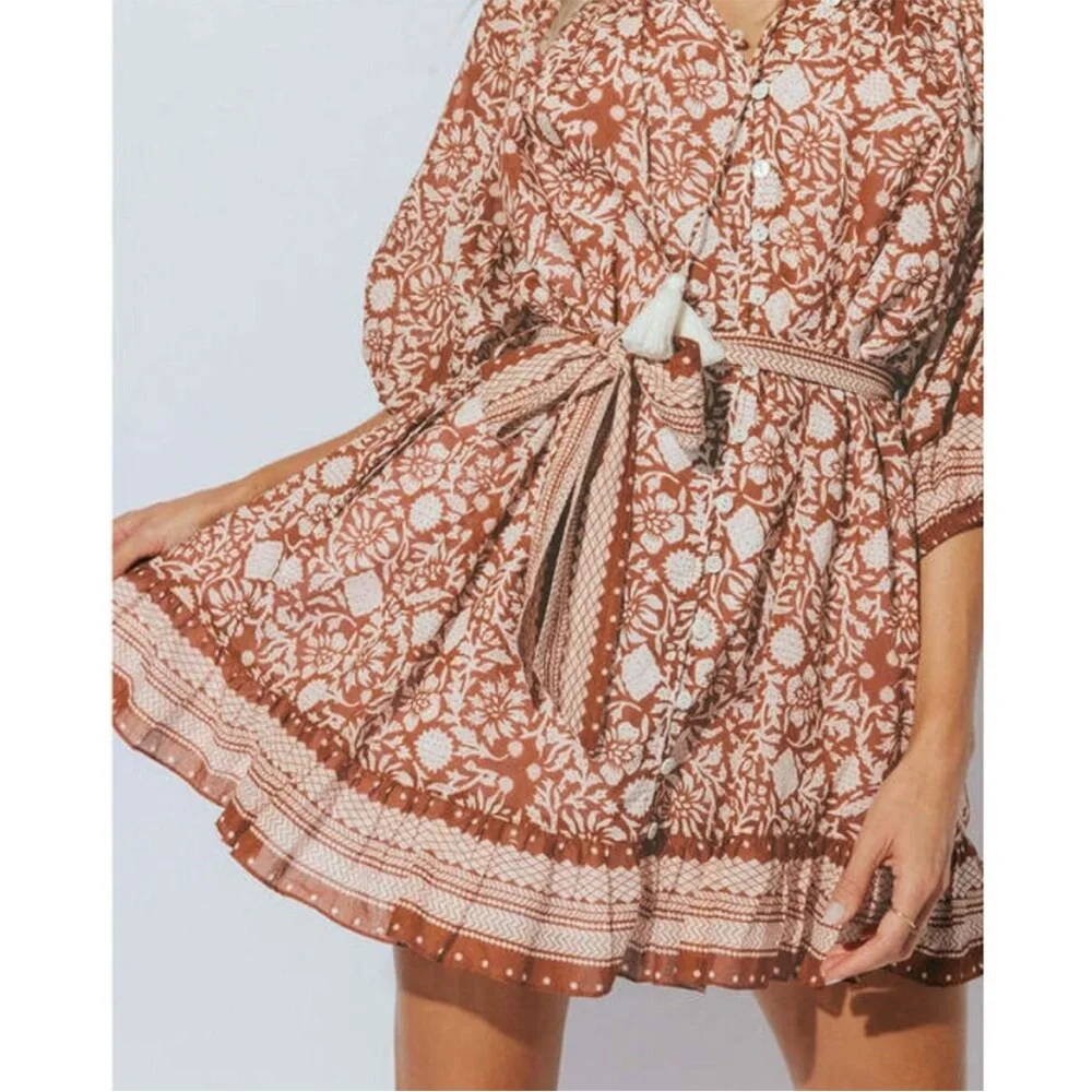 Cleobella Organic Cotton Belted Puff Sleeve Mini Dress Orange Floral Vivian S